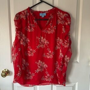 CeCe Red Floral Sheer Blouse